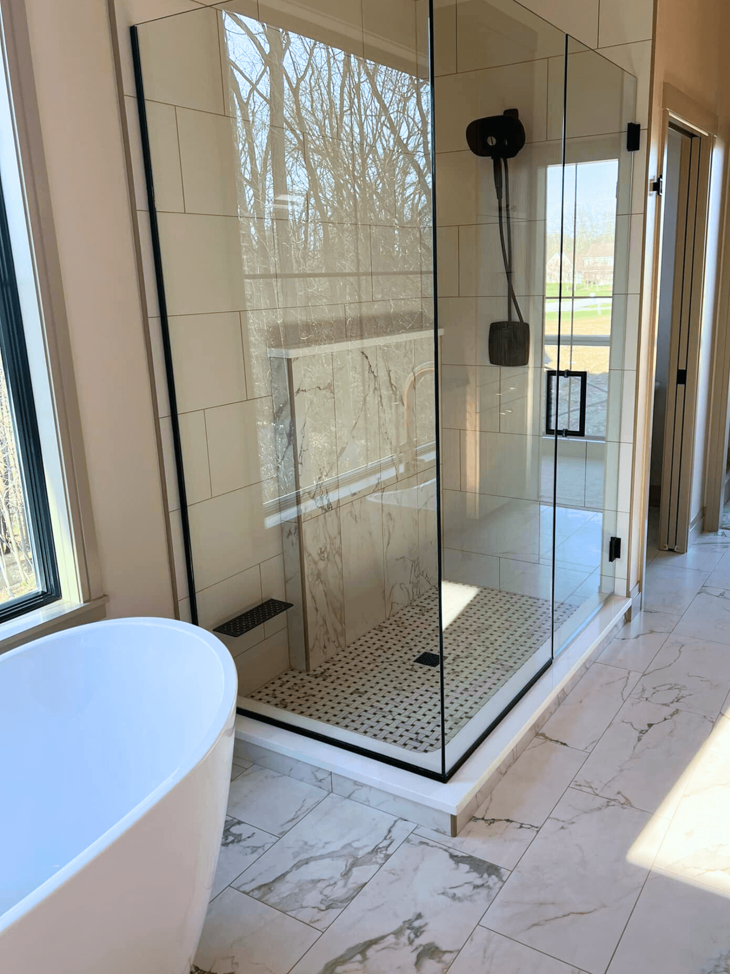 Bathroom with tiled floor.