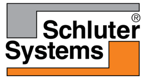 Schulter System Logo, Black text with grey and orange block details. 
